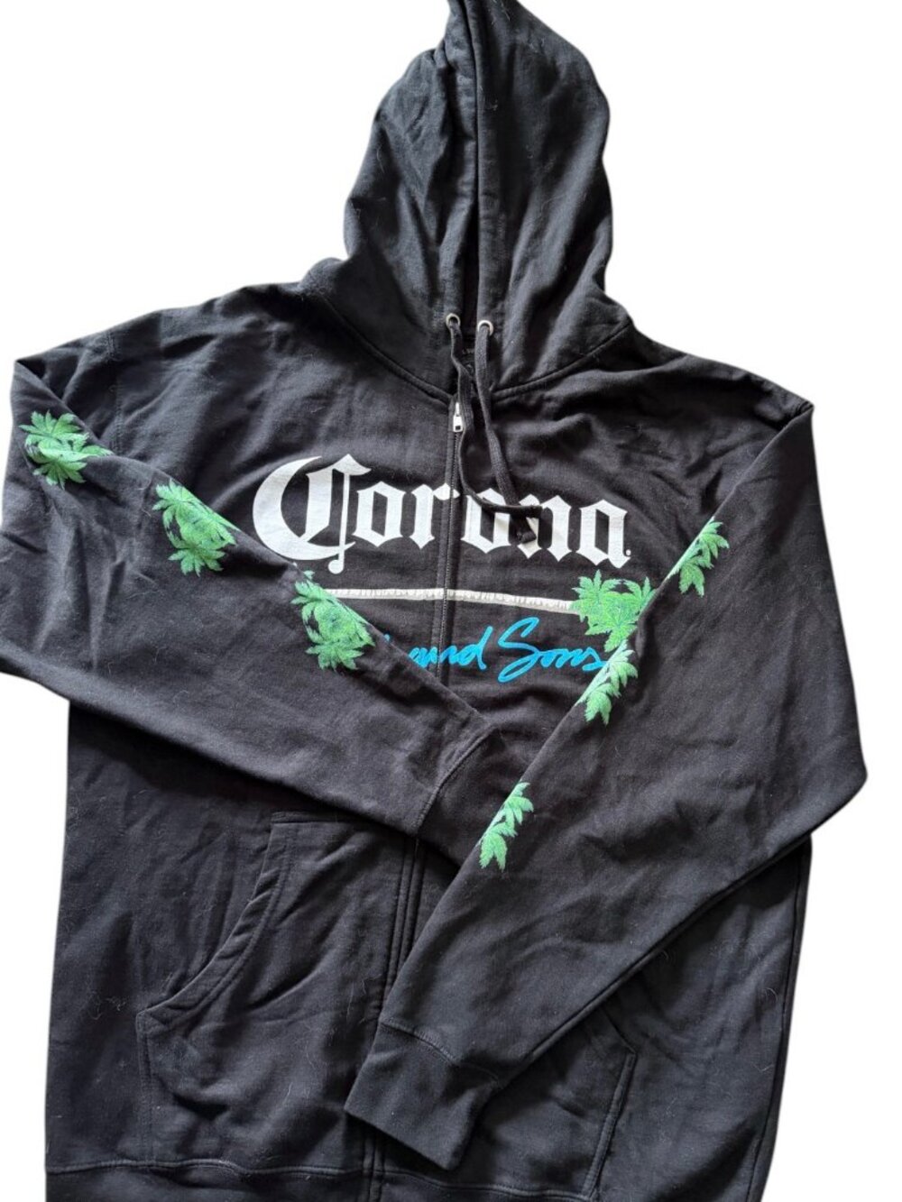 Maui and Sons Corona Hoodie Mens XL Black Excellent Zip Up Palm Tree Graphic